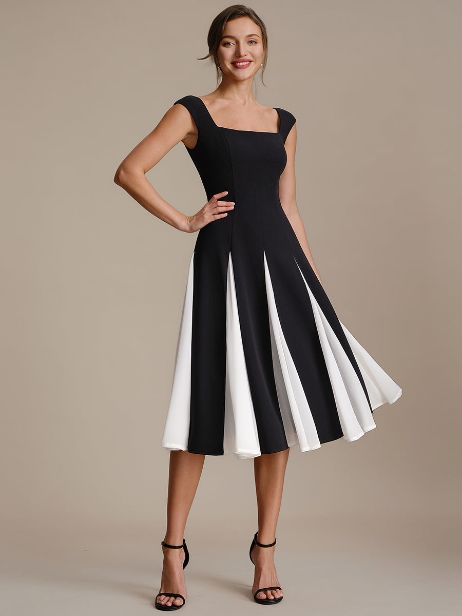 A-Line Midi Cap Sleeve Wedding Guest Dress #color_Ivory-Black