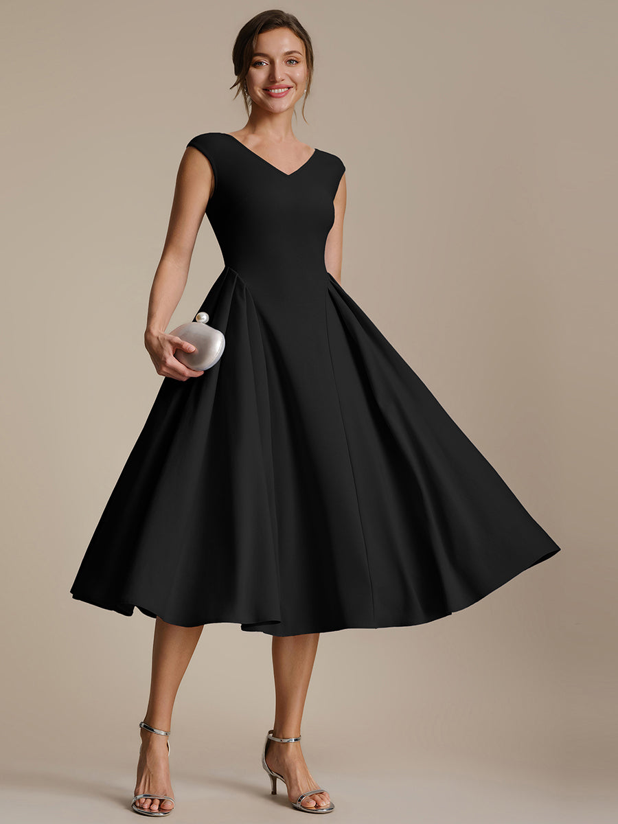 Pleating Crepe Cap Sleeve Wedding Guest Dress #color_Black