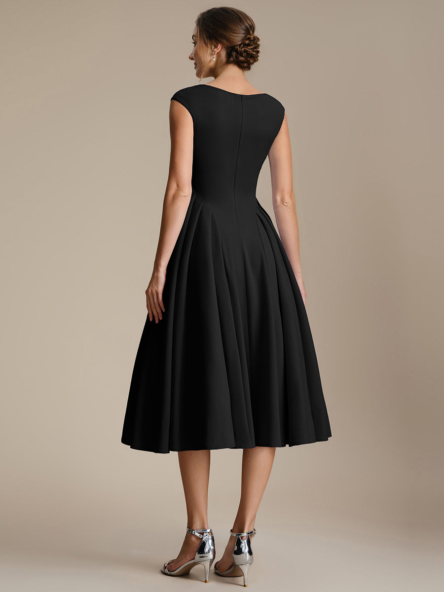 Pleating Crepe Cap Sleeve Wedding Guest Dress #color_Black