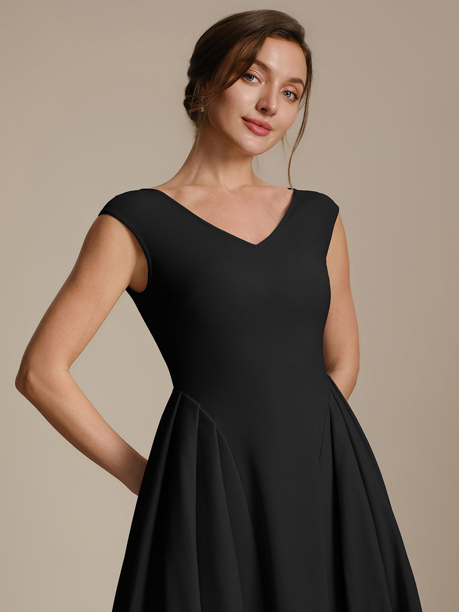 Pleating Crepe Cap Sleeve Wedding Guest Dress #color_Black