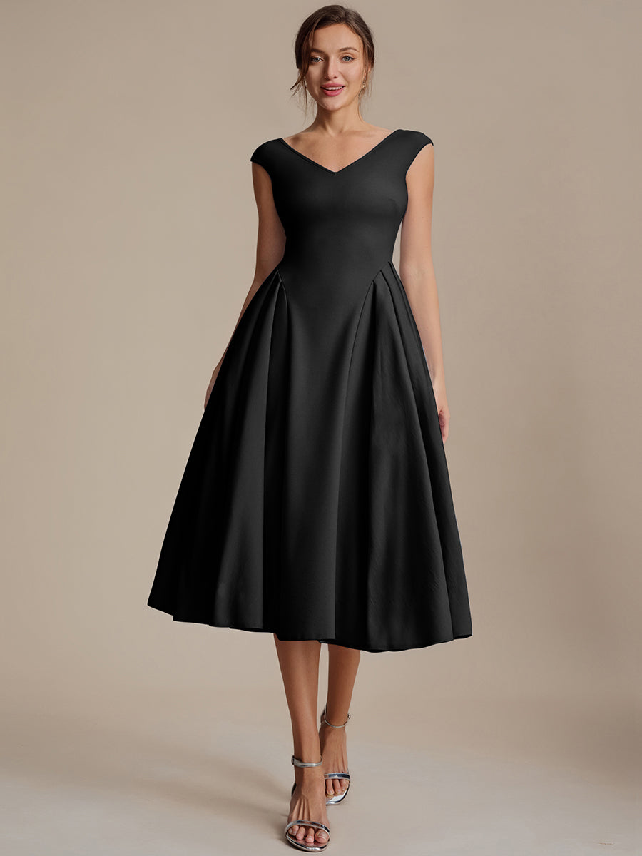 Pleating Crepe Cap Sleeve Wedding Guest Dress #color_Black