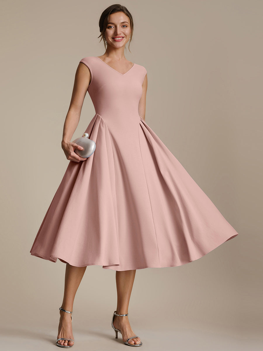 Pleating Crepe Cap Sleeve Wedding Guest Dress #color_Dusty Rose