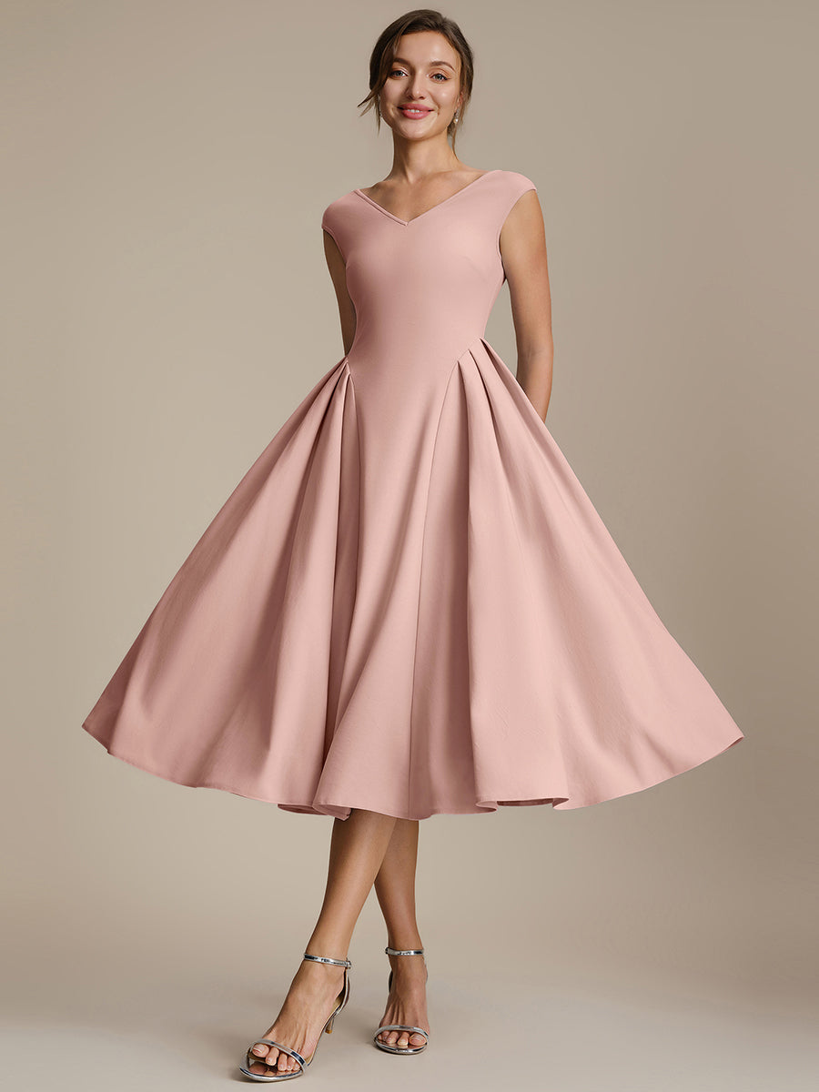 Pleating Crepe Cap Sleeve Wedding Guest Dress #color_Dusty Rose