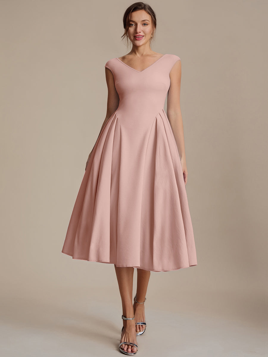 Pleating Crepe Cap Sleeve Wedding Guest Dress #color_Dusty Rose
