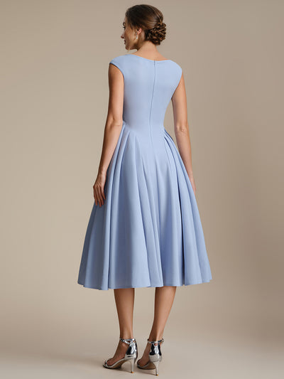 Pleating Crepe Cap Sleeve Wedding Guest Dress #color_Ice Blue