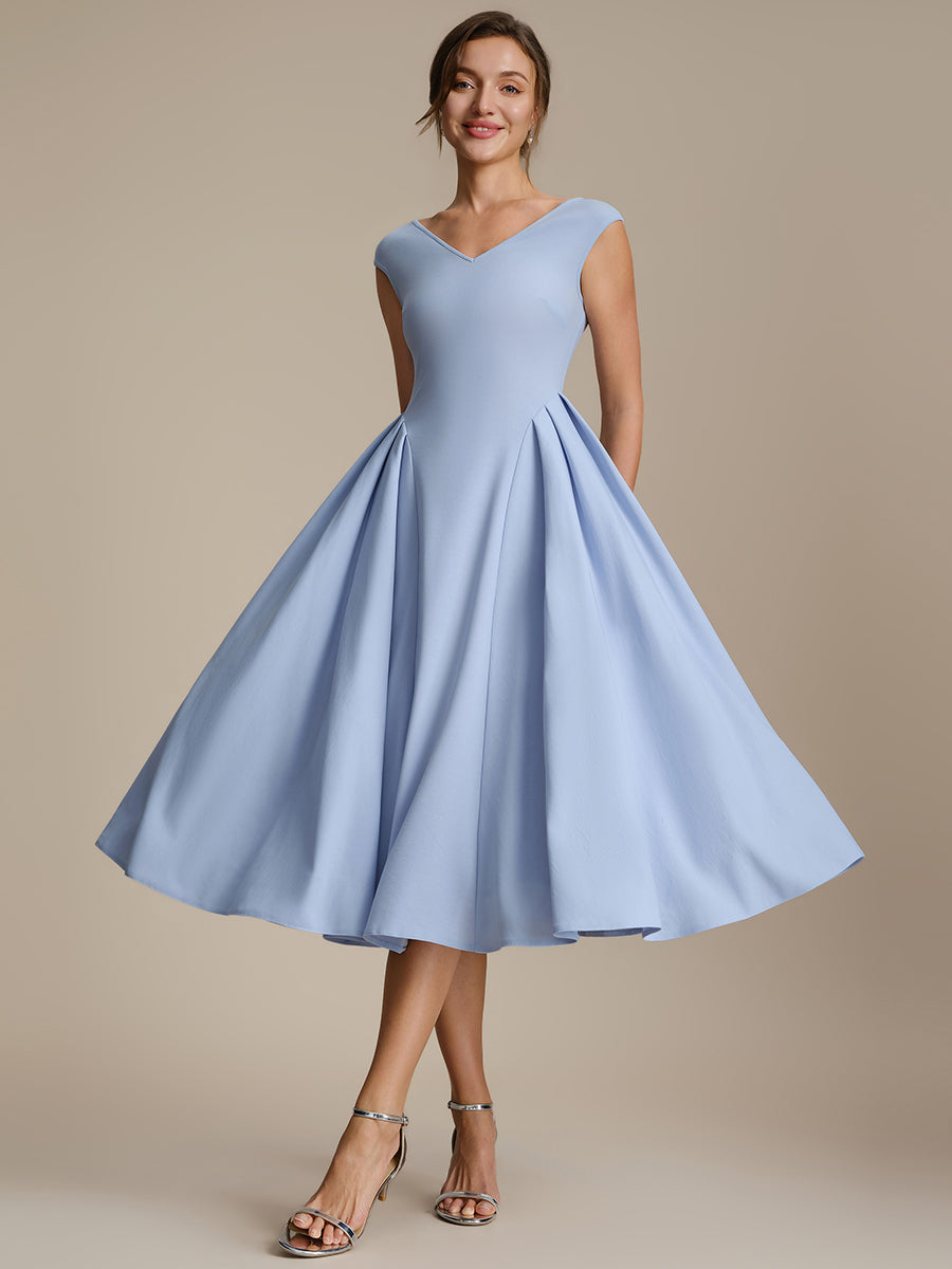 Pleating Crepe Cap Sleeve Wedding Guest Dress #color_Ice Blue