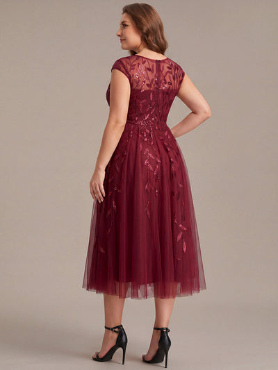 Plus Size See-through Sequin Wedding Guest Dress #color_Burgundy