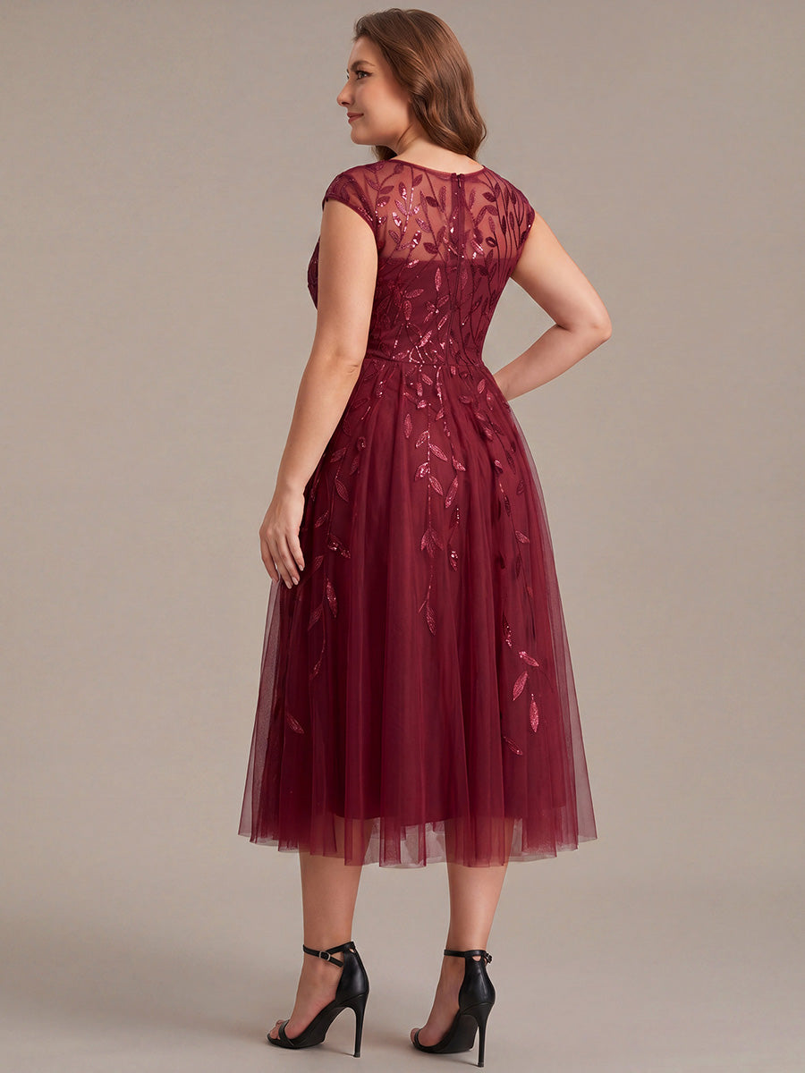 Plus Size See-through Sequin Wedding Guest Dress #color_Burgundy