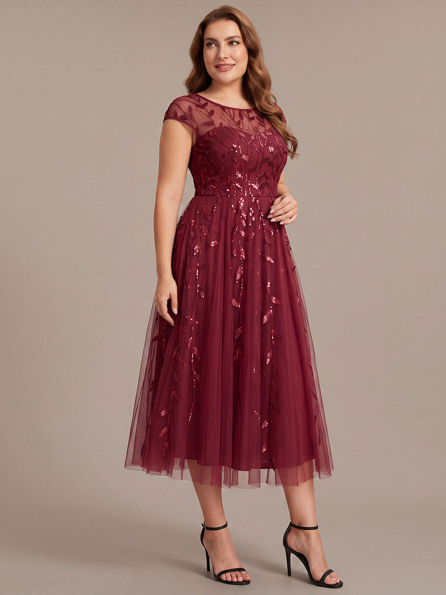 Plus Size See-through Sequin Wedding Guest Dress #color_Burgundy
