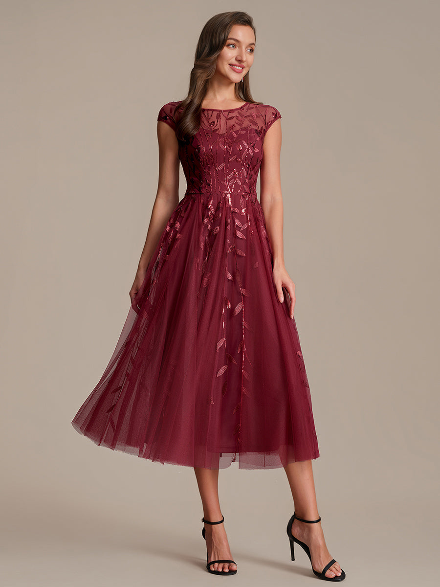 See-through Sequin Cap Sleeve Wedding Guest Dress #color_Burgundy