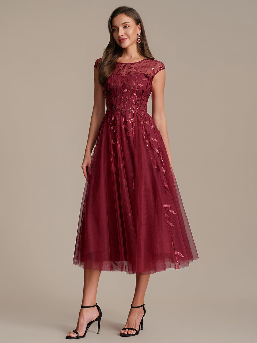 See-through Sequin Cap Sleeve Wedding Guest Dress #color_Burgundy