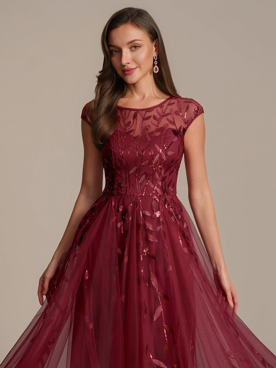 See-through Sequin Cap Sleeve Wedding Guest Dress #color_Burgundy