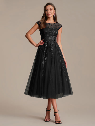 See-through Sequin Cap Sleeve Wedding Guest Dress