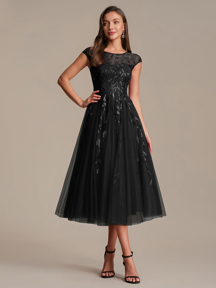 See-through Sequin Cap Sleeve Wedding Guest Dress #color_Black