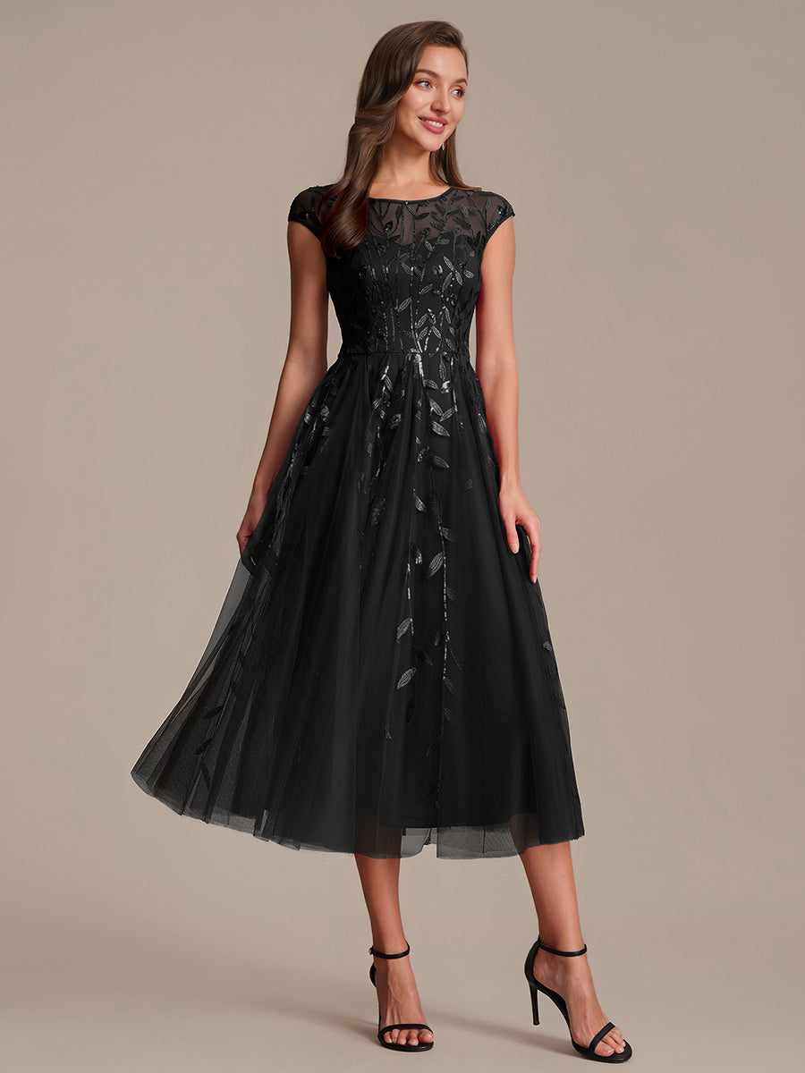 See-through Sequin Cap Sleeve Wedding Guest Dress #color_Black