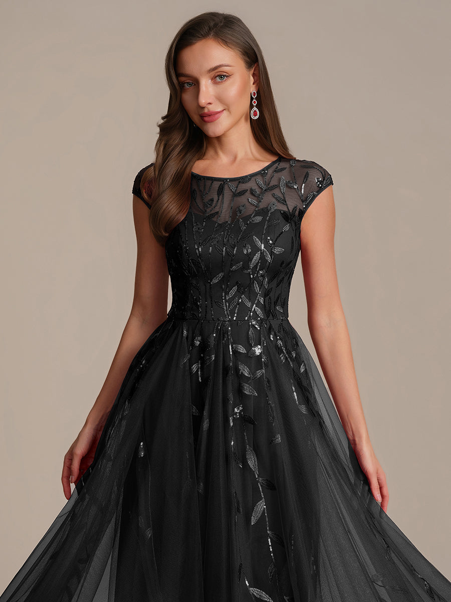 See-through Sequin Cap Sleeve Wedding Guest Dress #color_Black
