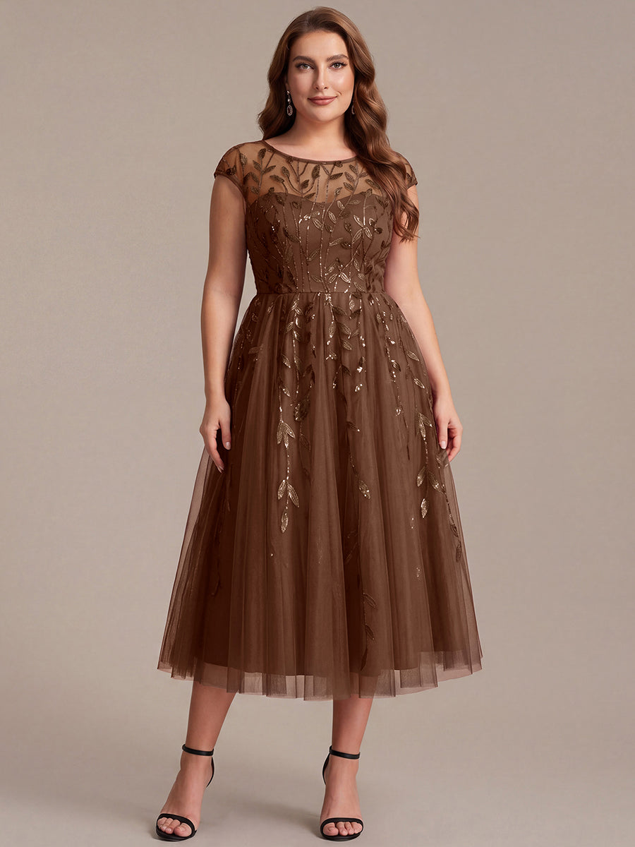 Plus Size See-through Sequin Wedding Guest Dress #color_Brown