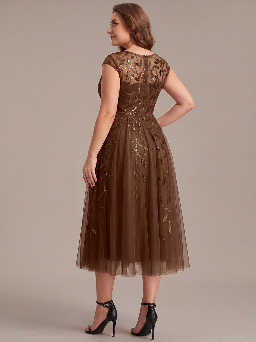 Plus Size See-through Sequin Wedding Guest Dress #color_Brown
