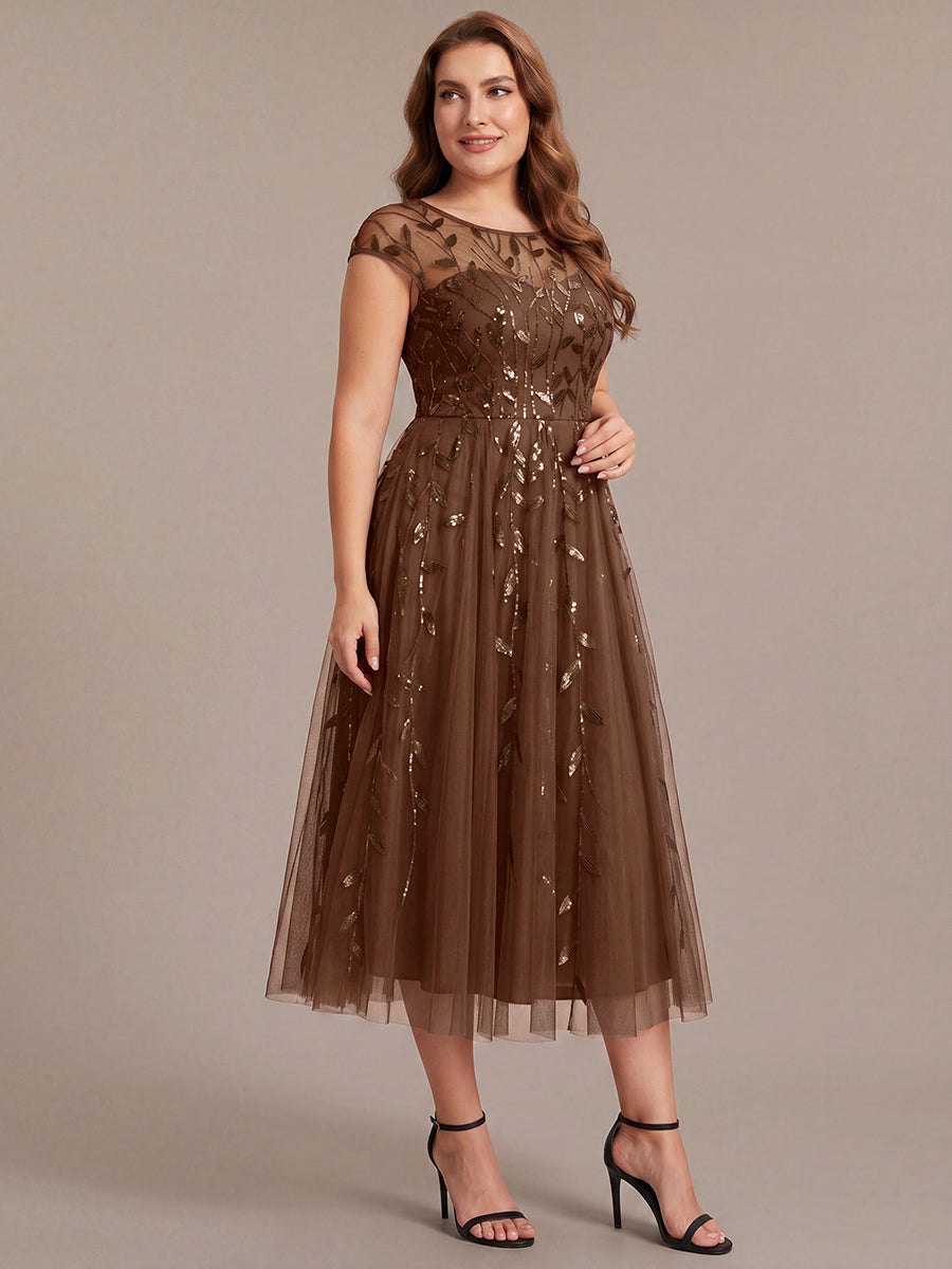 Plus Size See-through Sequin Wedding Guest Dress #color_Brown