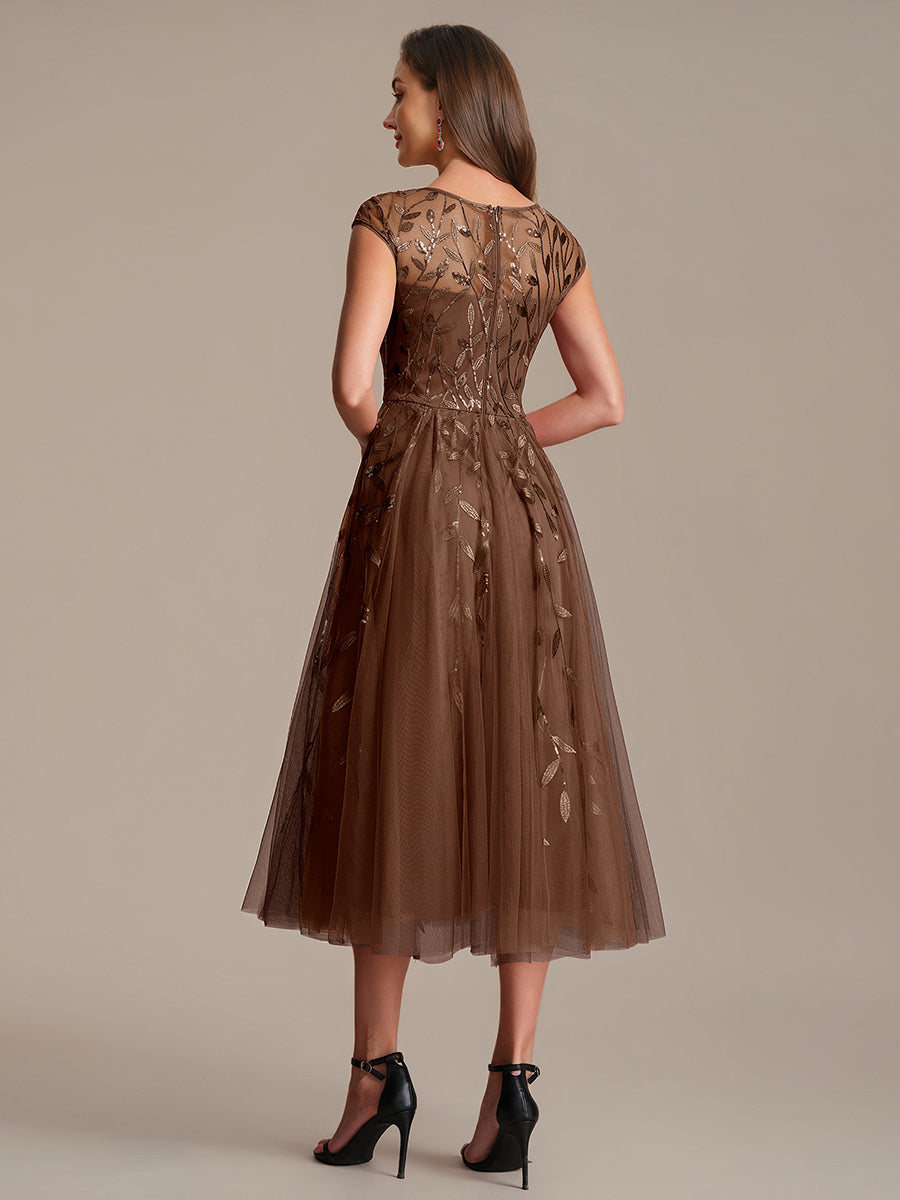 See-through Sequin Cap Sleeve Wedding Guest Dress #color_Brown