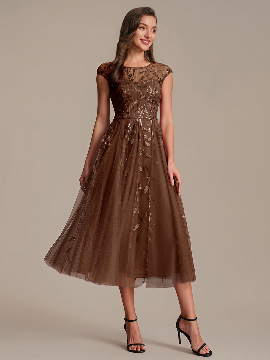 See-through Sequin Cap Sleeve Wedding Guest Dress #color_Brown