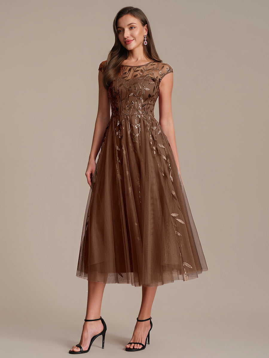 See-through Sequin Cap Sleeve Wedding Guest Dress #color_Brown