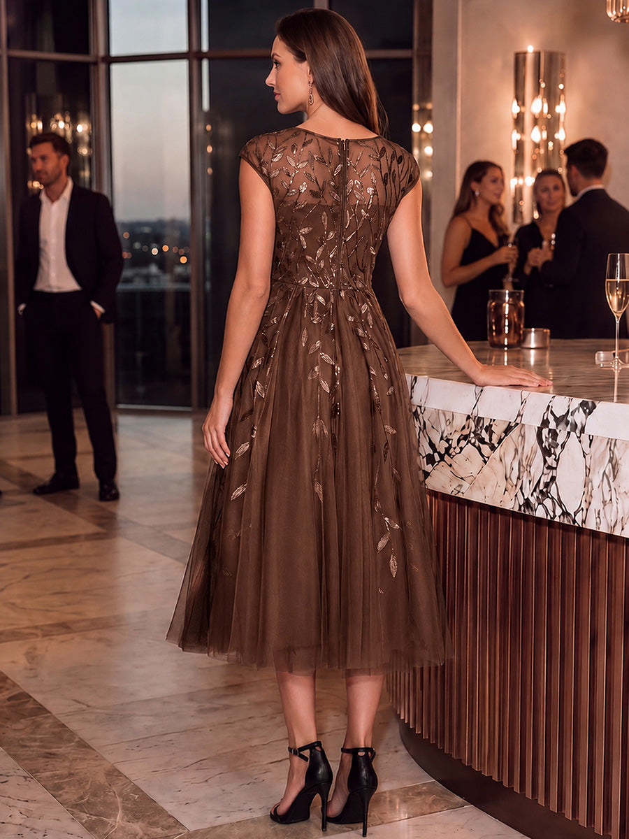 See-through Sequin Cap Sleeve Wedding Guest Dress #color_Brown