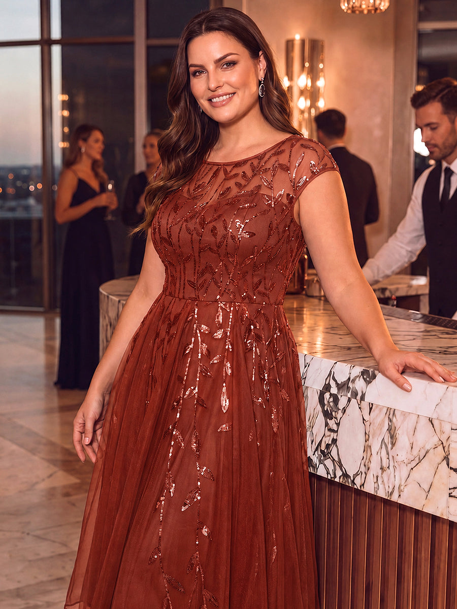 Plus Size See-through Sequin Wedding Guest Dress #color_Burnt Orange