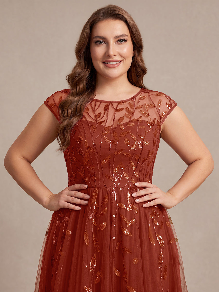 See-through Sequin Cap Sleeve Wedding Guest Dress #color_Burnt Orange