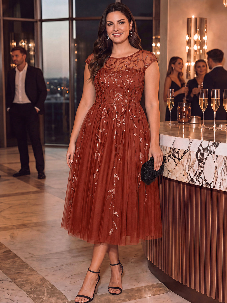 Plus Size See-through Sequin Wedding Guest Dress #color_Burnt Orange