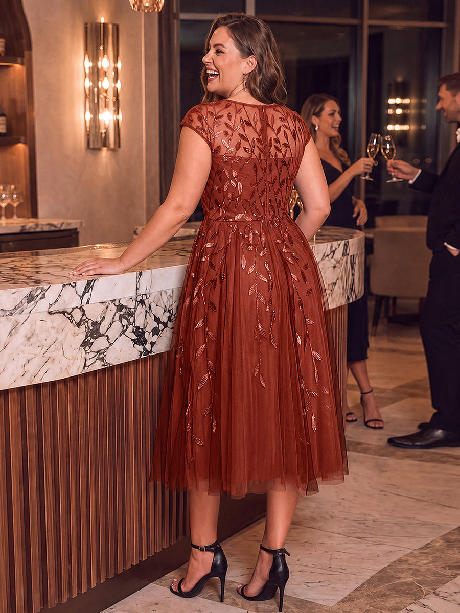 Plus Size See-through Sequin Wedding Guest Dress #color_Burnt Orange