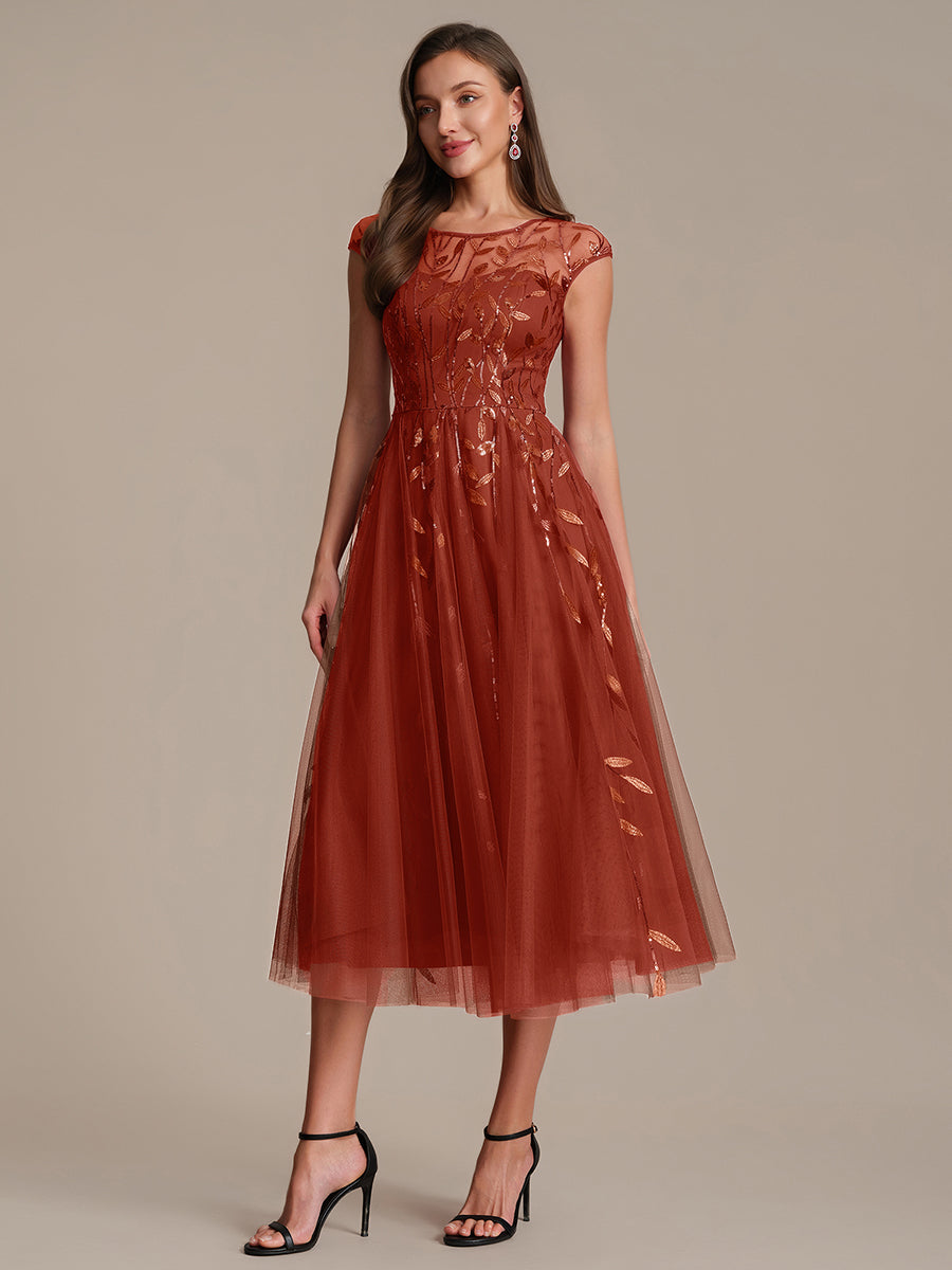 See-through Sequin Cap Sleeve Wedding Guest Dress #color_Burnt Orange