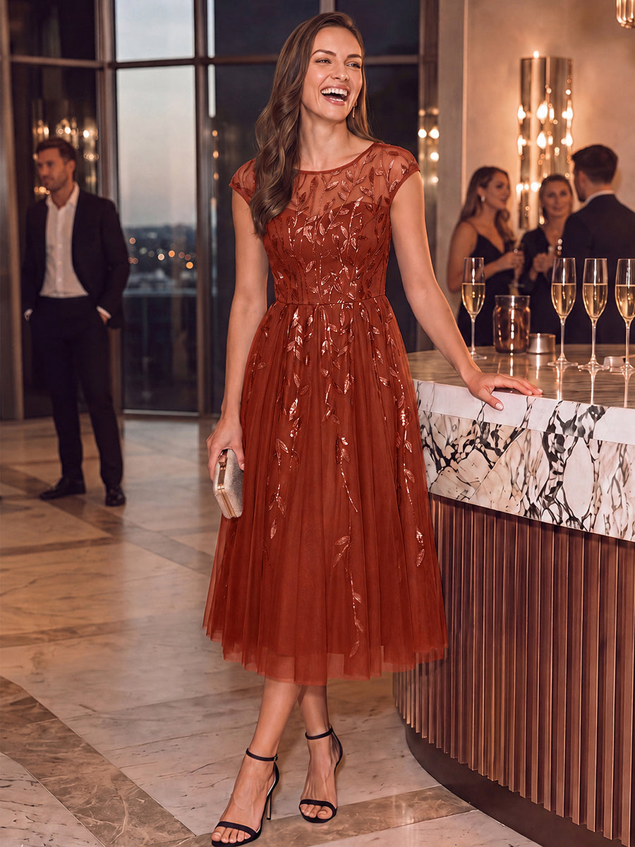 See-through Sequin Cap Sleeve Wedding Guest Dress #color_Burnt Orange