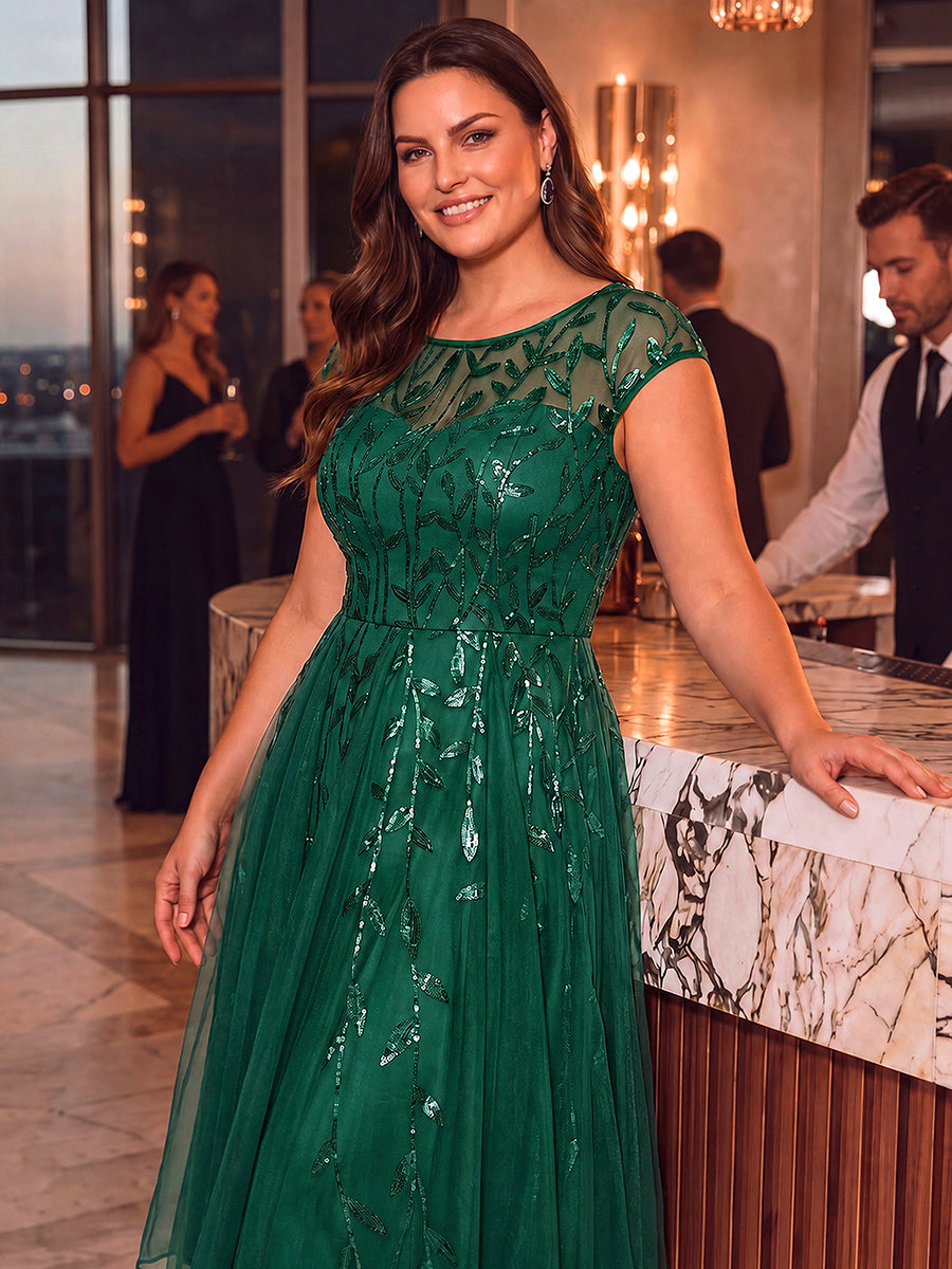 See-through Sequin Cap Sleeve Wedding Guest Dress #color_Dark Green