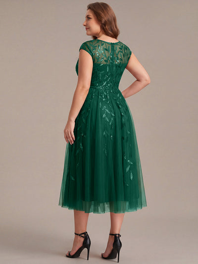 Plus Size See-through Sequin Wedding Guest Dress #color_Dark Green