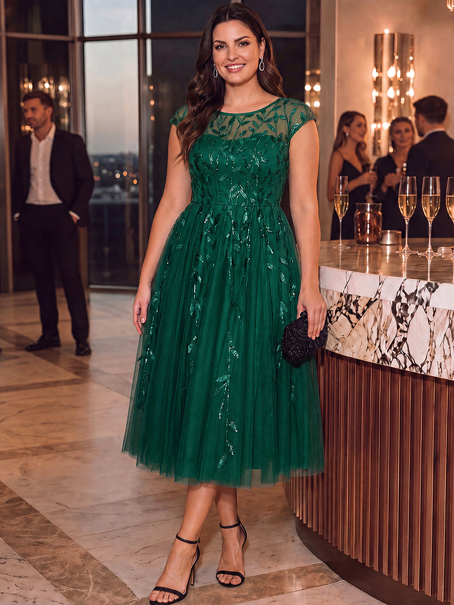 See-through Sequin Cap Sleeve Wedding Guest Dress #color_Dark Green