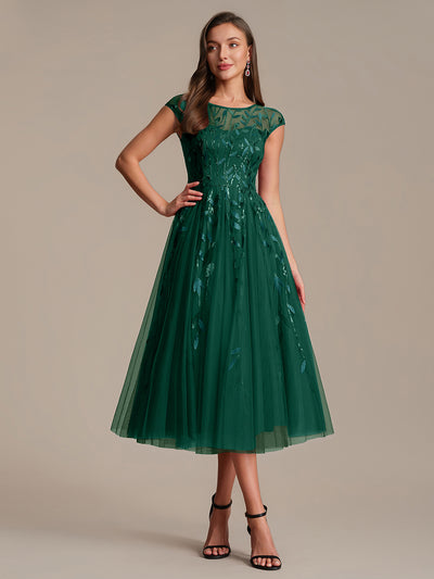 See-through Sequin Cap Sleeve Wedding Guest Dress