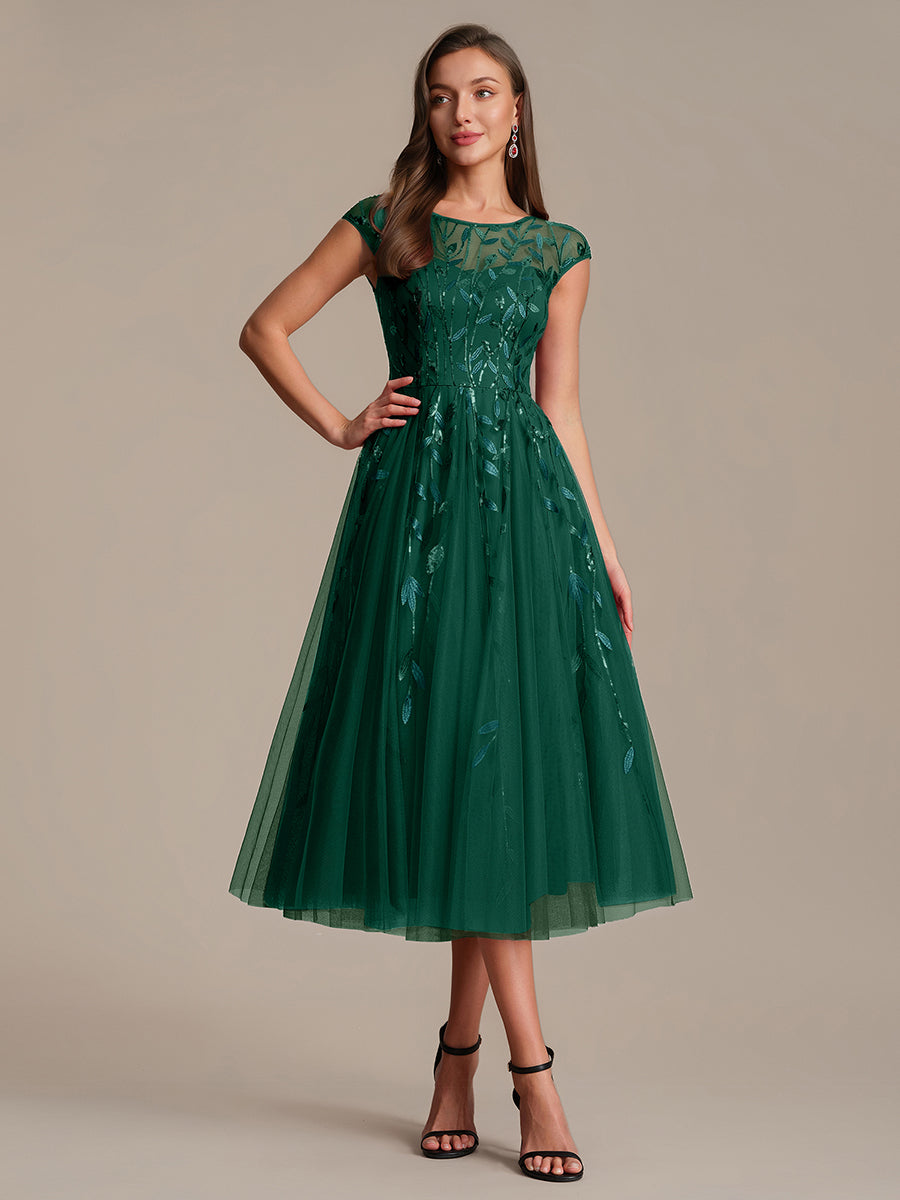 See-through Sequin Cap Sleeve Wedding Guest Dress #color_Dark Green