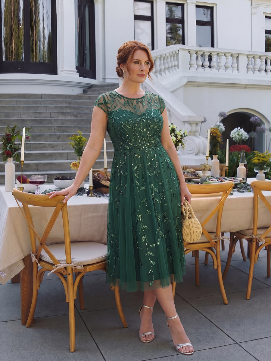 See-through Sequin Cap Sleeve Wedding Guest Dress #color_Dark Green