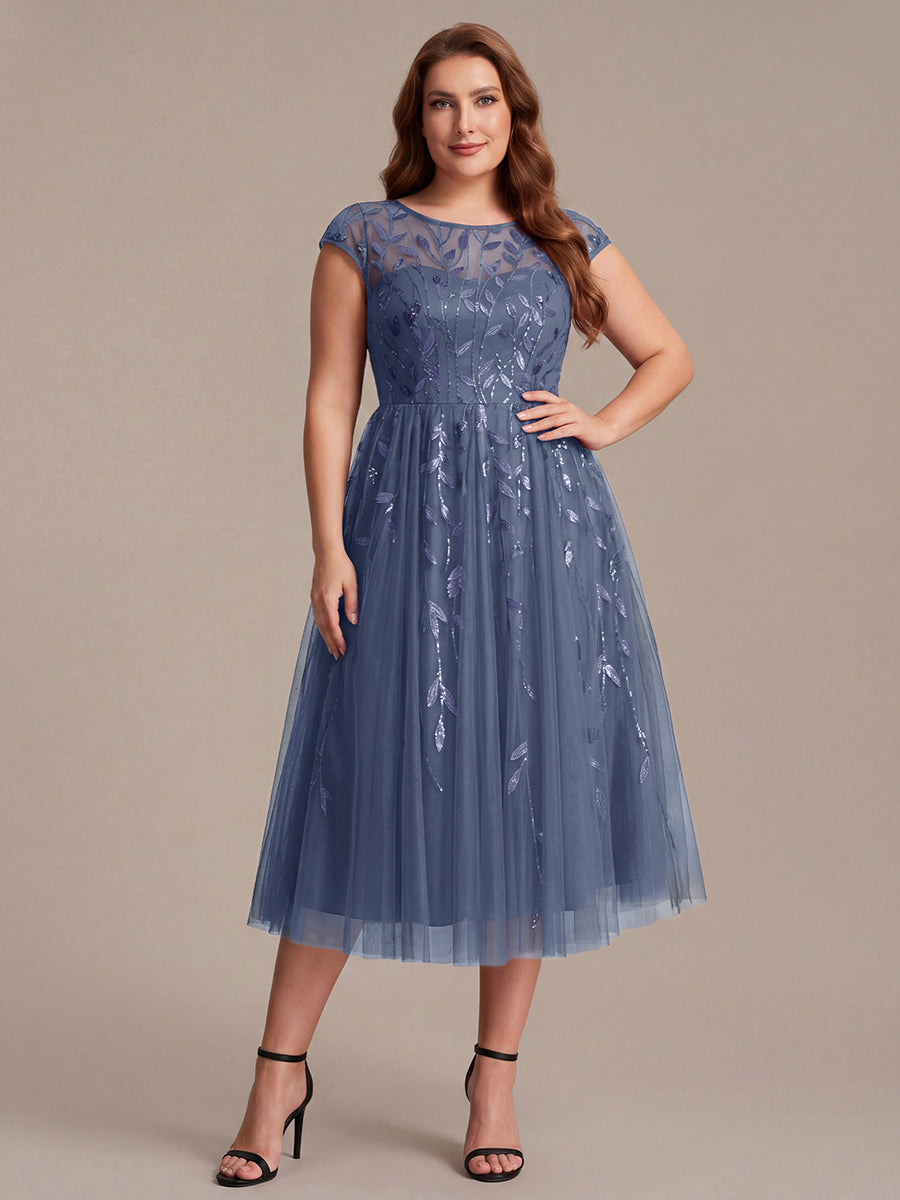 Plus Size See-through Sequin Wedding Guest Dress #color_Dusty Blue