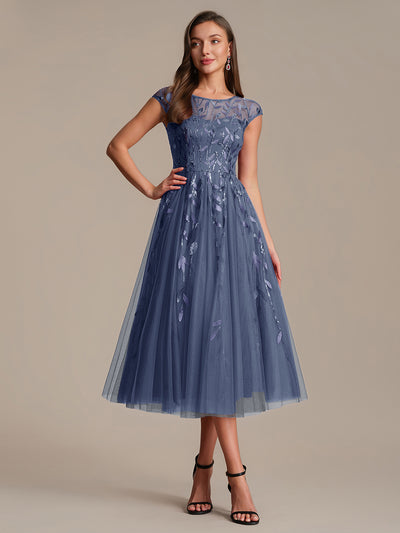 See-through Sequin Cap Sleeve Wedding Guest Dress