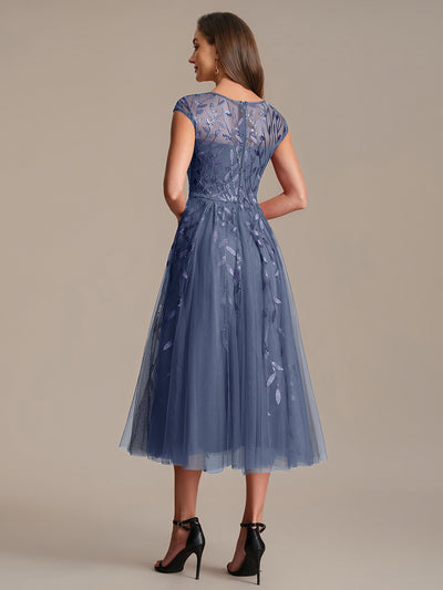 See-through Sequin Cap Sleeve Wedding Guest Dress #color_Dusty Blue