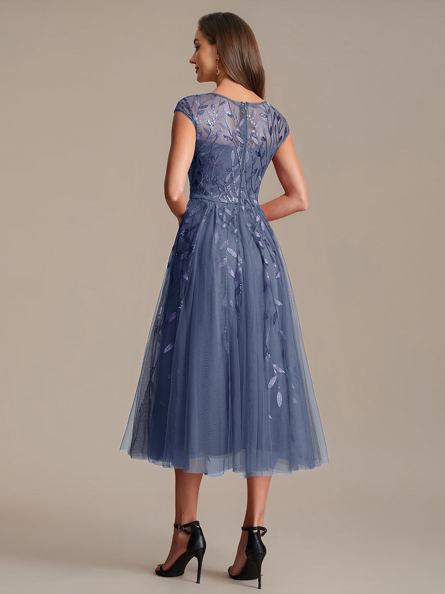 See-through Sequin Cap Sleeve Wedding Guest Dress #color_Dusty Blue