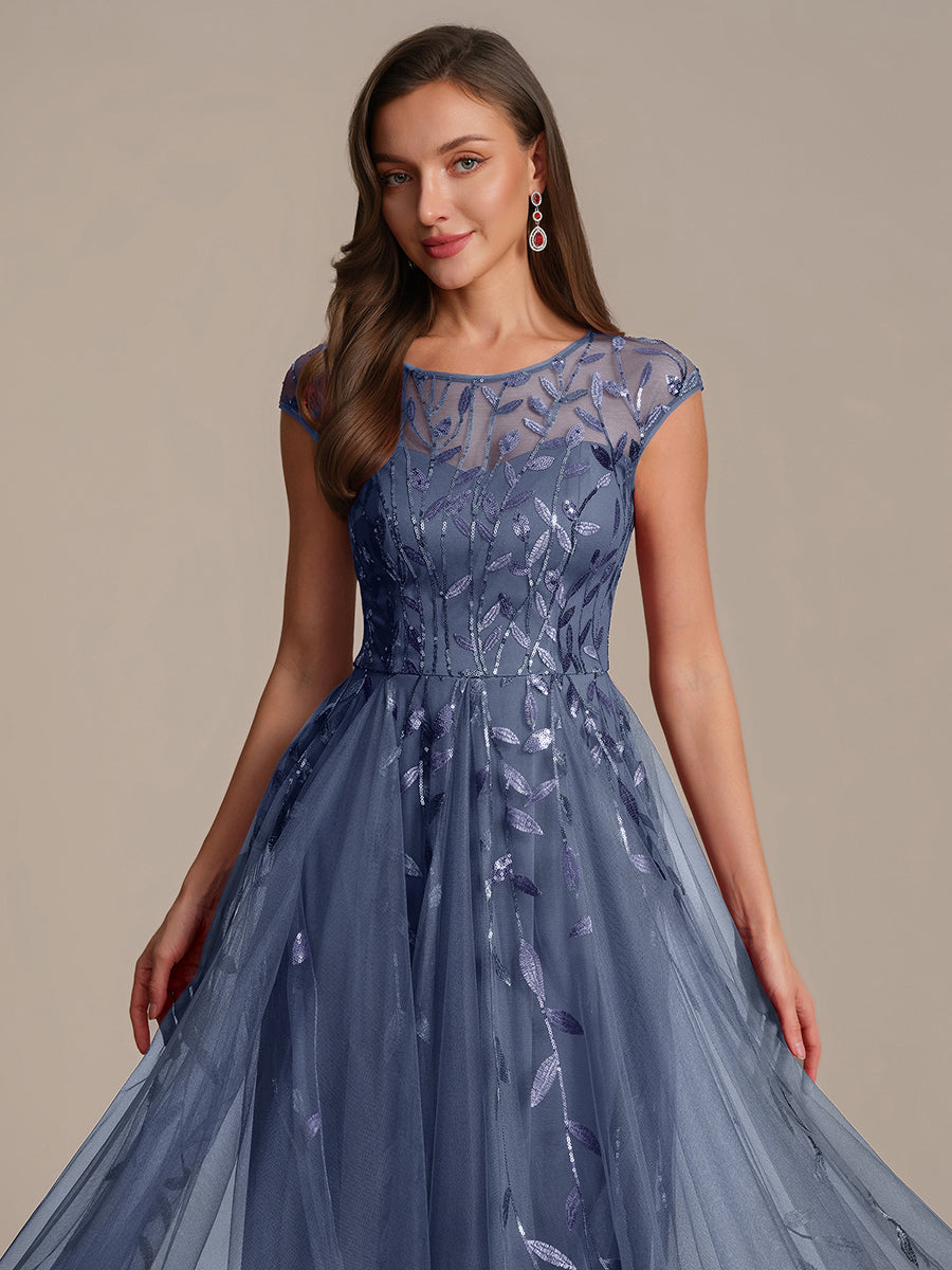 See-through Sequin Cap Sleeve Wedding Guest Dress #color_Dusty Blue