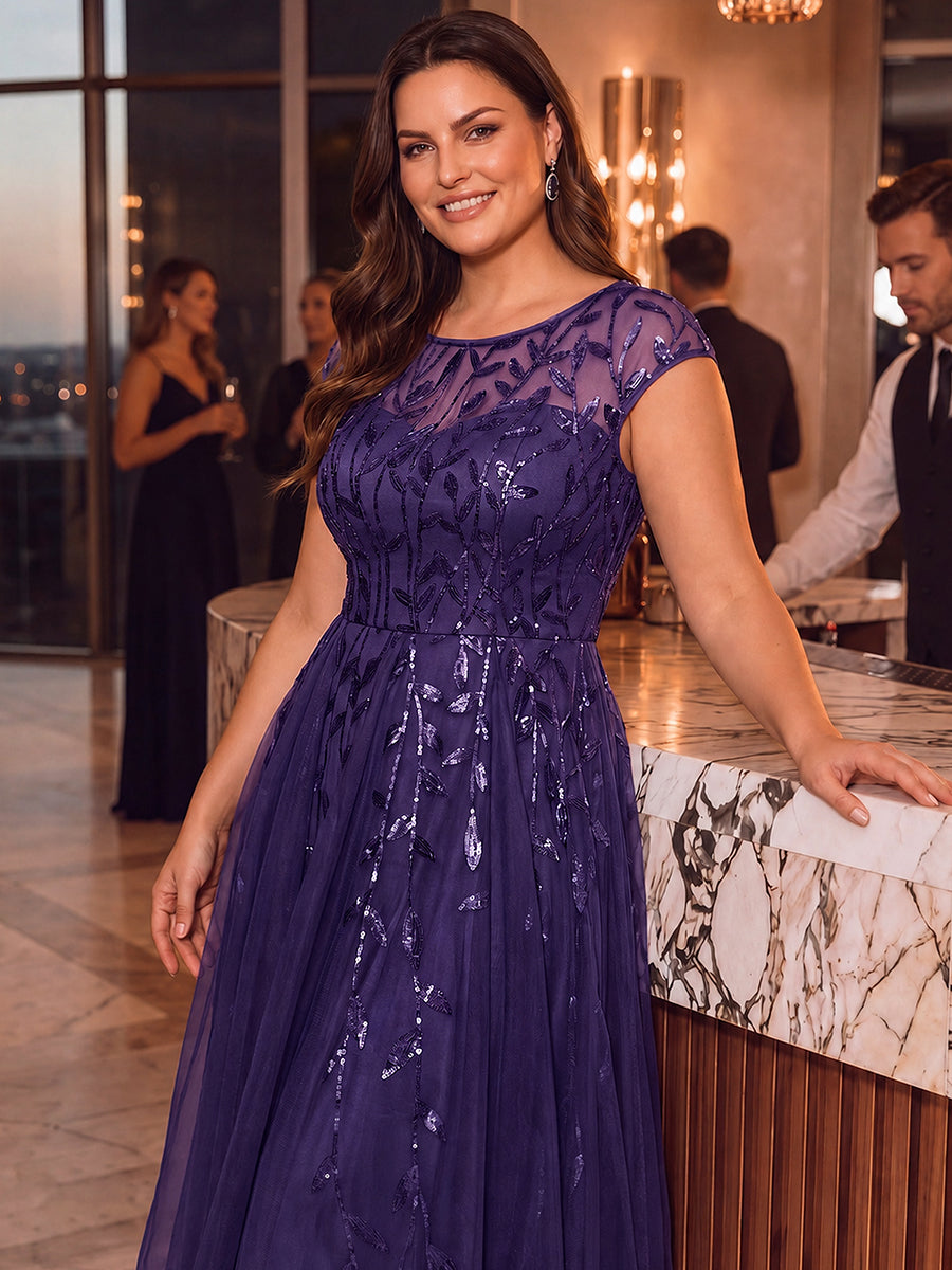 Plus Size See-through Sequin Wedding Guest Dress #color_Dark Purple