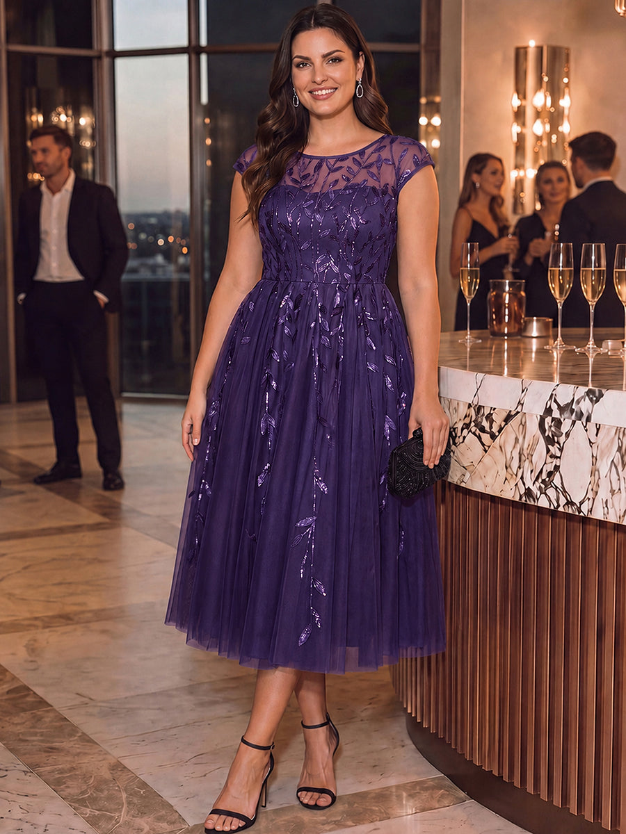 Plus Size See-through Sequin Wedding Guest Dress #color_Dark Purple