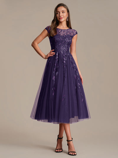See-through Sequin Cap Sleeve Wedding Guest Dress