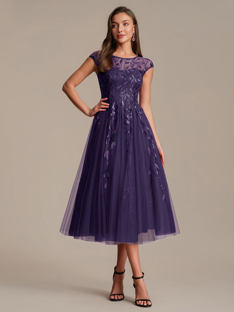 See-through Sequin Cap Sleeve Wedding Guest Dress #color_Dark Purple