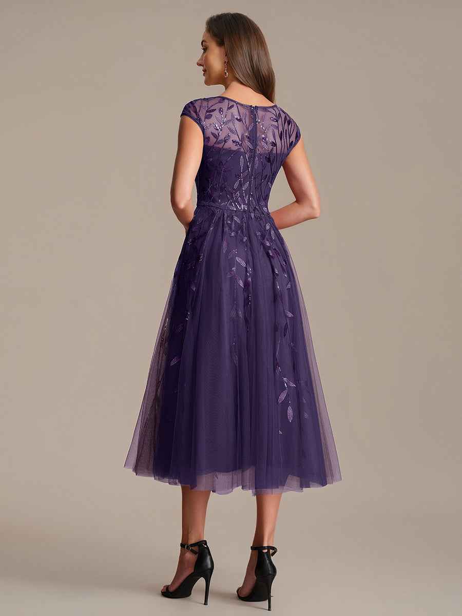 See-through Sequin Cap Sleeve Wedding Guest Dress #color_Dark Purple