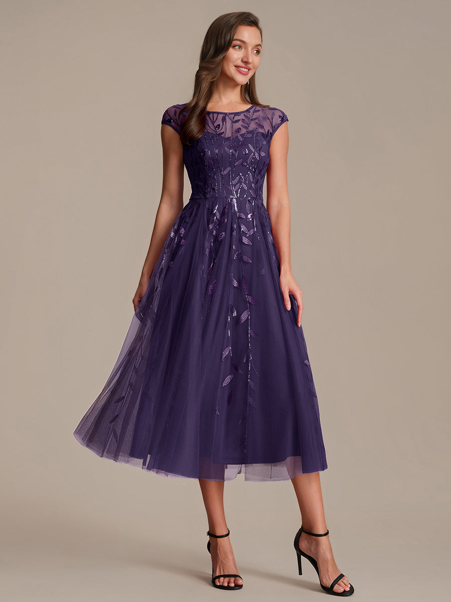 See-through Sequin Cap Sleeve Wedding Guest Dress #color_Dark Purple